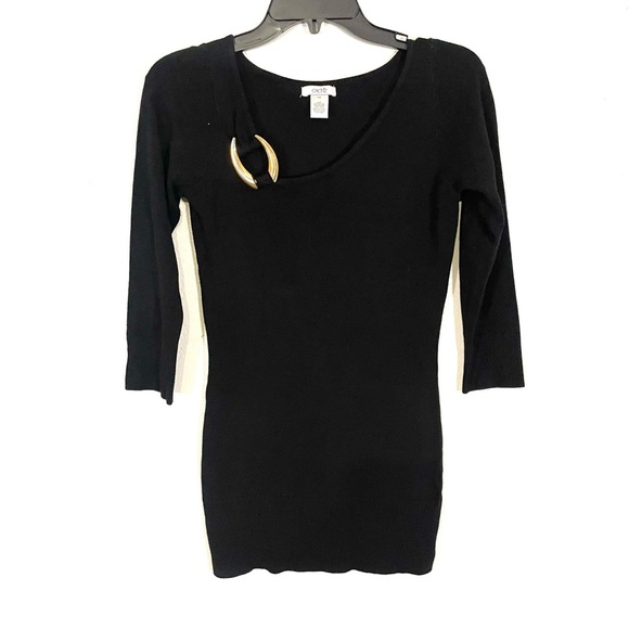 CACHE Sweater Top Gold Ring Detail 3/4 Sleeve Black Viscose Stretch Size XS - Picture 1 of 6